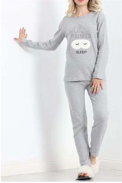 Dantel Soft Grey Açık Gri Nakışlı Pantolon Pijama Takımı