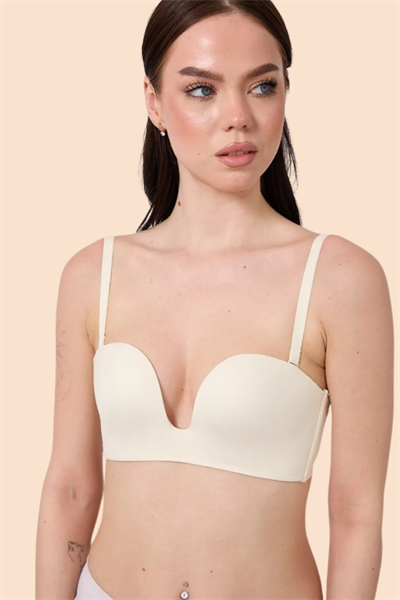 Dikişsiz Lazer Kesim Ekru Straplez Sütyen