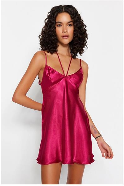 Fuşya Saten Biye Detaylı Babydoll & Gecelik