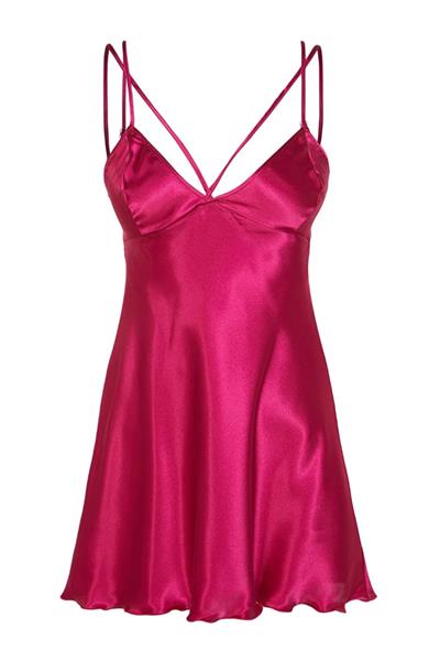 Fuşya Saten Biye Detaylı Babydoll & Gecelik