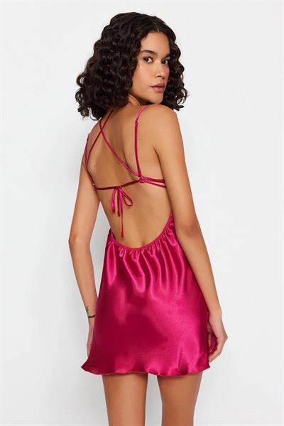 Fuşya Saten Biye Detaylı Babydoll & Gecelik