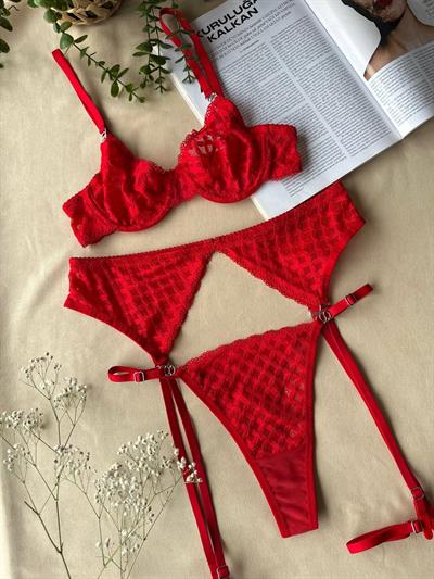 Kırmızı İnci Dantel Jartiyer Takımı