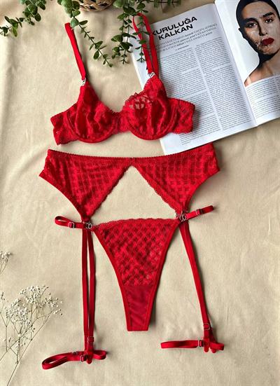 Kırmızı İnci Dantel Jartiyer Takımı