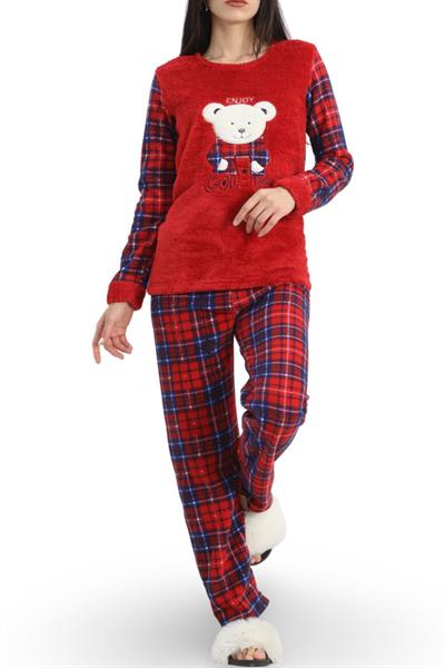 Dantel Yeni Yıl Ekoseli Kırmızı Uzun Kalın Polar Pijama Takımı