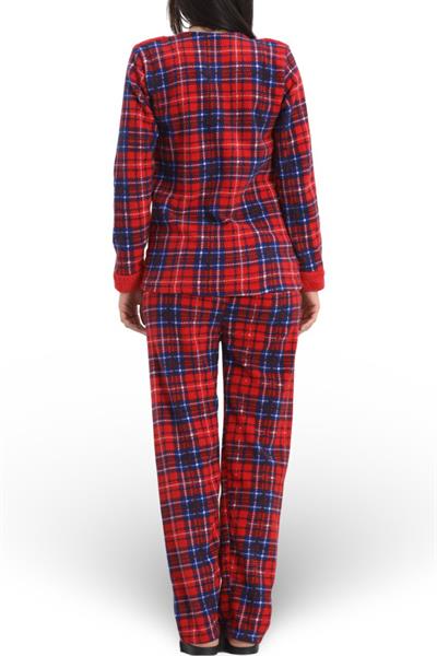 Dantel Yeni Yıl Ekoseli Kırmızı Uzun Kalın Polar Pijama Takımı