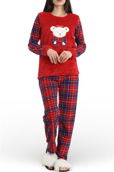 Dantel Yeni Yıl Ekoseli Kırmızı Uzun Kalın Polar Pijama Takımı