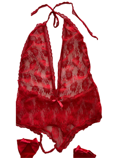 Kırmızı Sırt Ve Göğüs Dekolteli Dantelli Babydoll