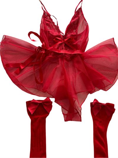 Kırmızı Sırt Ve Göğüs Dekolteli Dantelli  Babydoll