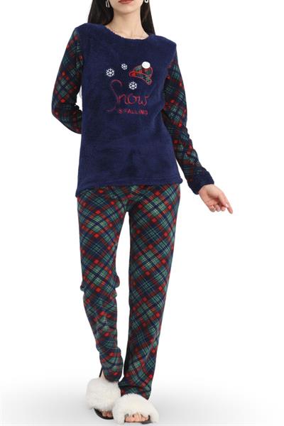 Dantel Ekoseli Lacivert Polar Kalın Pijama Takımı