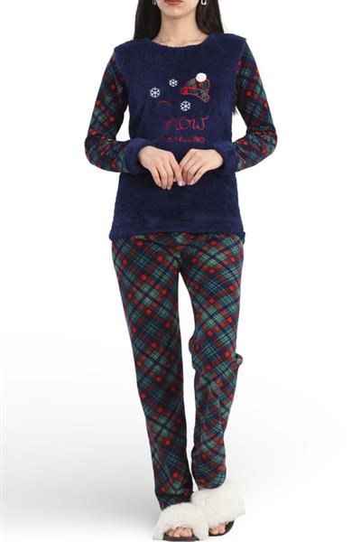 Dantel Ekoseli Lacivert Polar Kalın Pijama Takımı