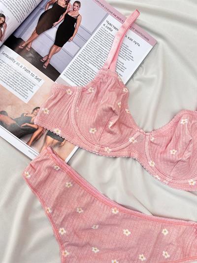 Pammık Koleksiyonu %95 Pamuklu Pudra Çıtır Çiçek Sütyen Takımı