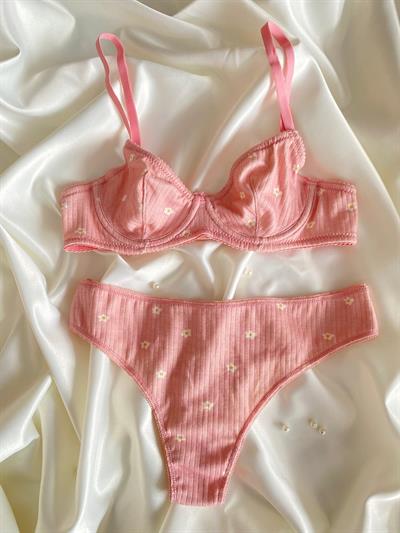 Pammık Koleksiyonu %95 Pamuklu Pudra Çıtır Çiçek Sütyen Takımı