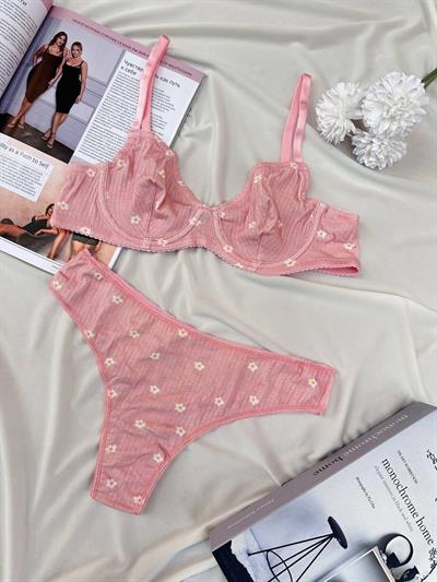 Pammık Koleksiyonu %95 Pamuklu Pudra Çıtır Çiçek Sütyen Takımı