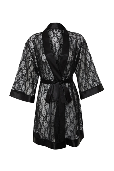 Siyah Kuşaklı Saten Bant Detaylı Dantel Örme Sabahlık