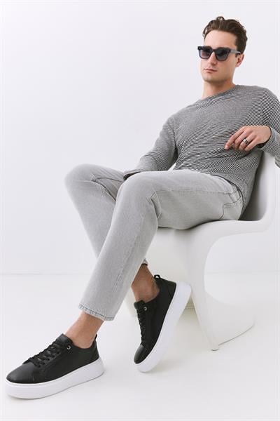 Erkek Deri Siyah Hafif Tabanlı Spor Ayakkabı