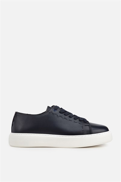 Erkek Lacivert Deri Bağcıklı Kalın Tabanlı Günlük Sneaker