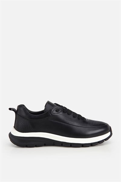 Erkek Siyah Deri Kontrast Tabanlı Bağcıklı Sneaker