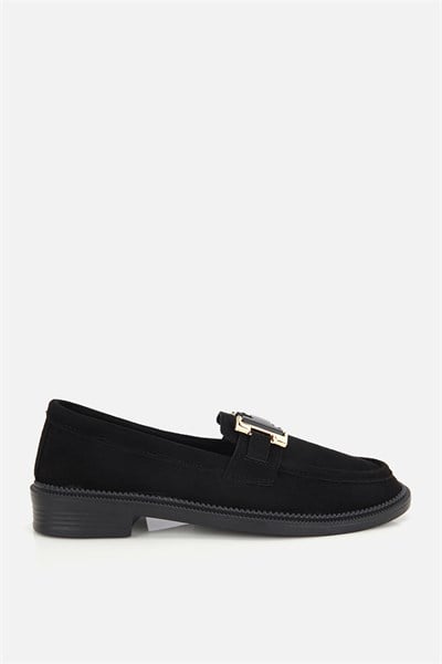 Kadın Siyah Süet Tokalı Klasik Loafer