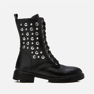 Siyah Kadın Zımbalı Düz Bot