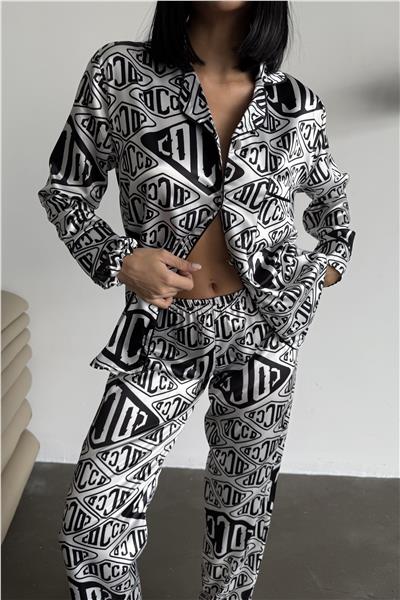 Beyaz Zemin Cocco Yazılı Saten Uzun Pijama Takımı