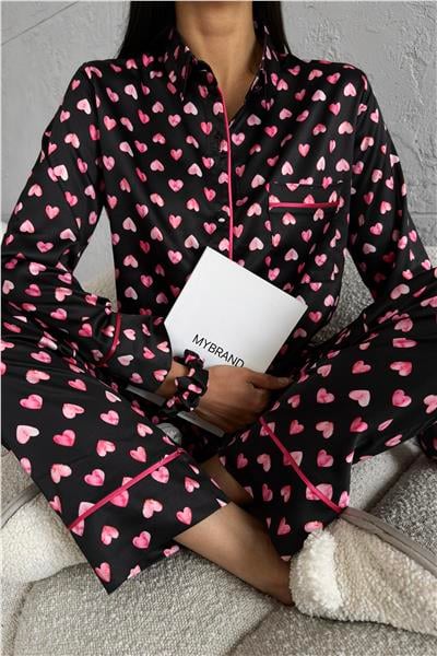 Cuore Nero Gömlek Yaka Saten Uzun Pijama Takımı