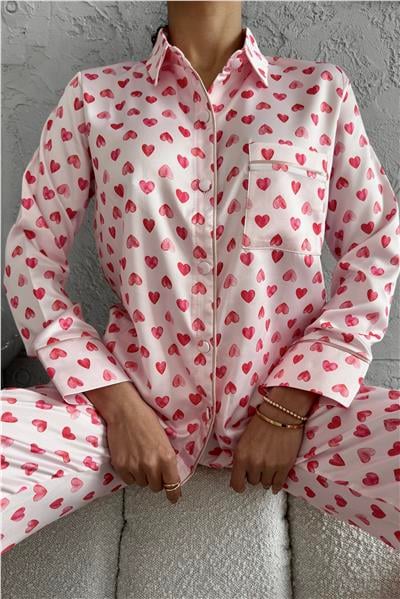 Cuore Rosa Gömlek Yaka Saten Uzun Pijama Takımı