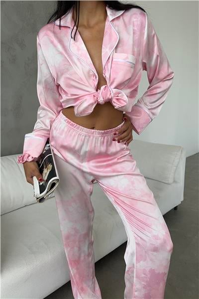Elika Morbido Rosa Saten Uzun Pijama Takımı
