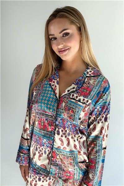 Etnik Motifler Desen Saten Uzun Pijama Takımı