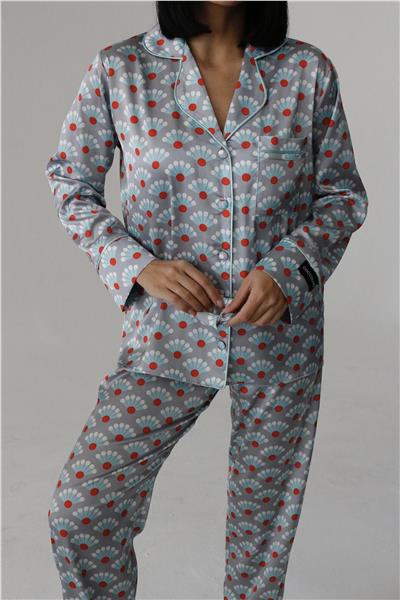 Faretti Grigi Saten Uzun Pijama Takımı
