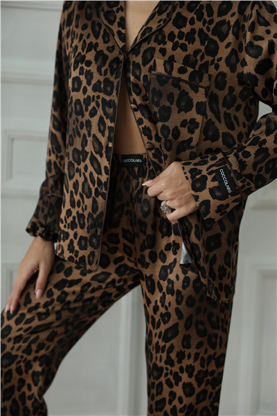 Fascino Del Leopardo Floş Saten Uzun Pijama Takımı