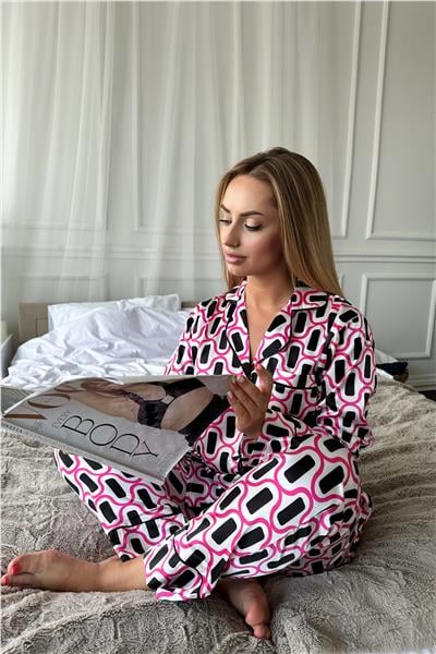 Fuşya Modern Çizgiler Saten Uzun Pijama Takımı