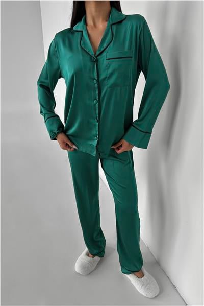 Kadın Düz Benetton Yeşili Saten Uzun Pijama Takımı