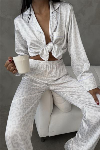 Leopardo Grigio Saten Uzun Pijama Takımı (Geniş Beden Aralığı)