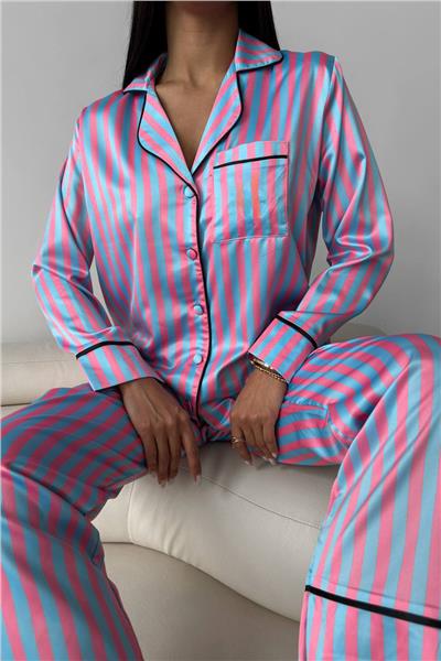 Mavi Pembe Çizgiler Saten Uzun Pijama Takımı
