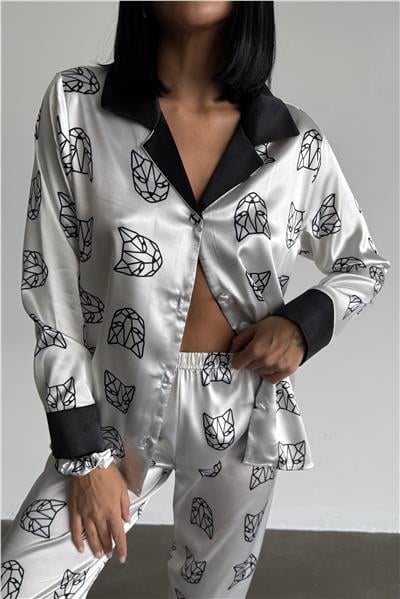 Panter Figür Baskılı Saten Uzun Pijama Takımı