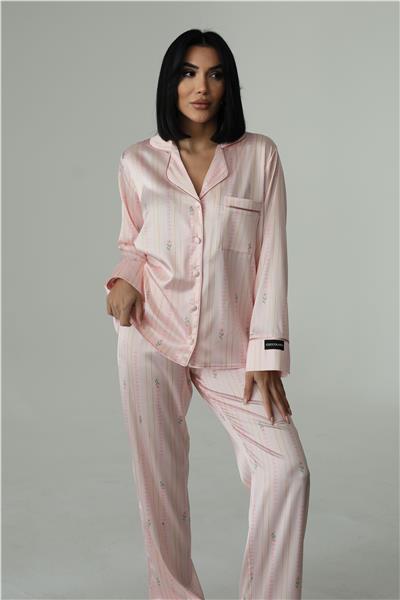 Petali Rosa e Righe Dorate Saten Uzun Pijama Takımı
