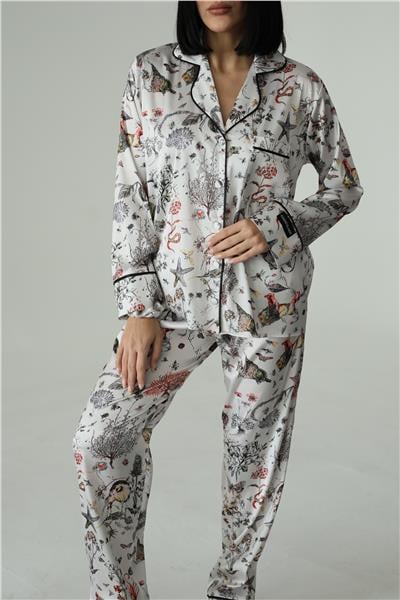 Piante Ecrù Esotiche Saten Uzun Pijama Takımı