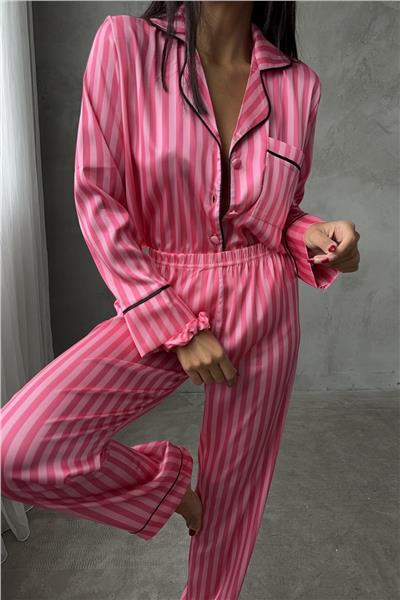 Strisce Rosa Scuro Saten Uzun Pijama Takımı (Geniş Beden Aralığı)