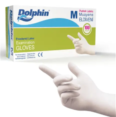 Dolphin Pudralı Lateks Muayene Eldiveni M Beden 100lü Kutu