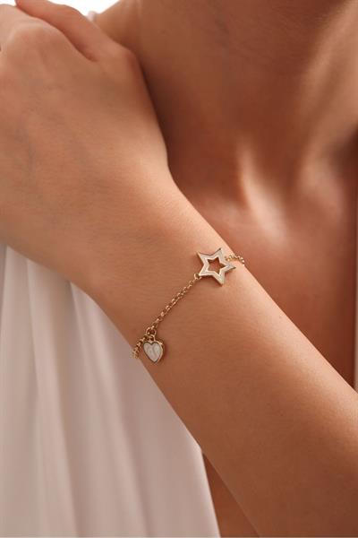 Beyaz Sedef Mineli Kalp Charm and Yıldız Tasarım Bracelet