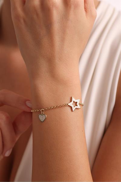 Beyaz Sedef Mineli Kalp Charm and Yıldız Tasarım Bracelet