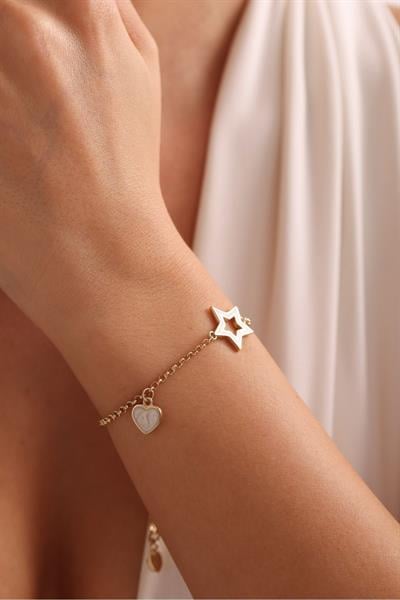 Beyaz Sedef Mineli Kalp Charm and Yıldız Tasarım Bracelet