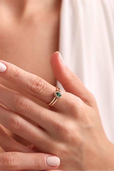 Çift Taraflı Yeşil Pembe Damla Taşlı Yüzük