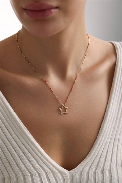 Golf Kırmızı Mineli Kilitli Yıldız Kolye 44 cm