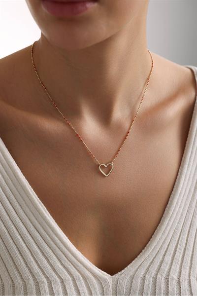 Golf Kırmızı Mineli Kilitli Kalp Kolye 44 cm