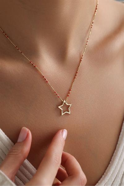 Golf Kırmızı Mineli Kilitli Yıldız Kolye 44 cm