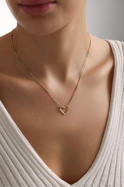 Golf Yeşil Mineli Kilitli Kalp Kolye 44 cm