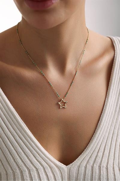 Golf Yeşil Mineli Kilitli Yıldız Kolye 44 cm