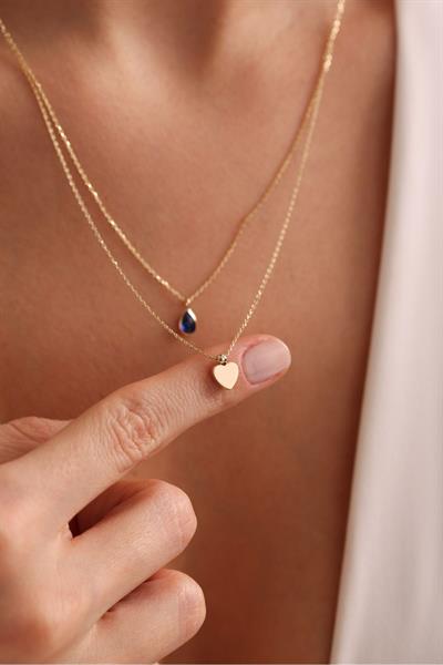 Lacivert Damla Taşlı Çift Sıra Kalp Kolye