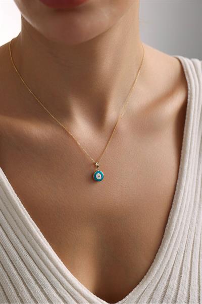 Lacivert &Mavi Mineli Çift Taraflı Nazar Boncuğu Kolye 45 cm